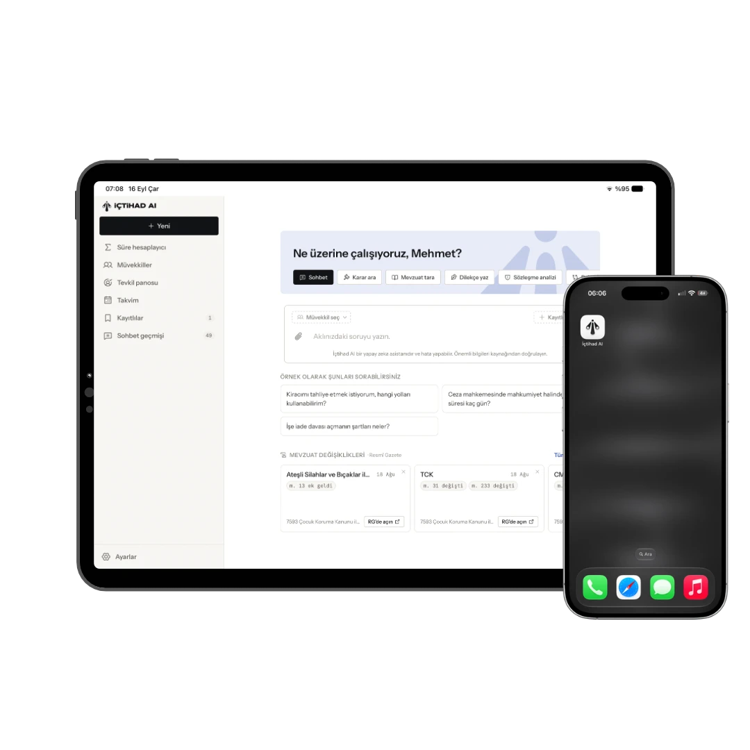 İçtihad AI bir iPad'de açık, yanındaki iPhone'un ana ekranında uygulama simgesi duruyor